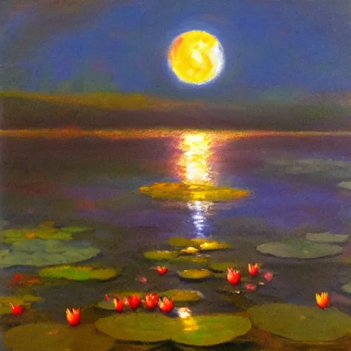 Image similar to A detailed, impressionist oil painting of moon shining over a lotus lake