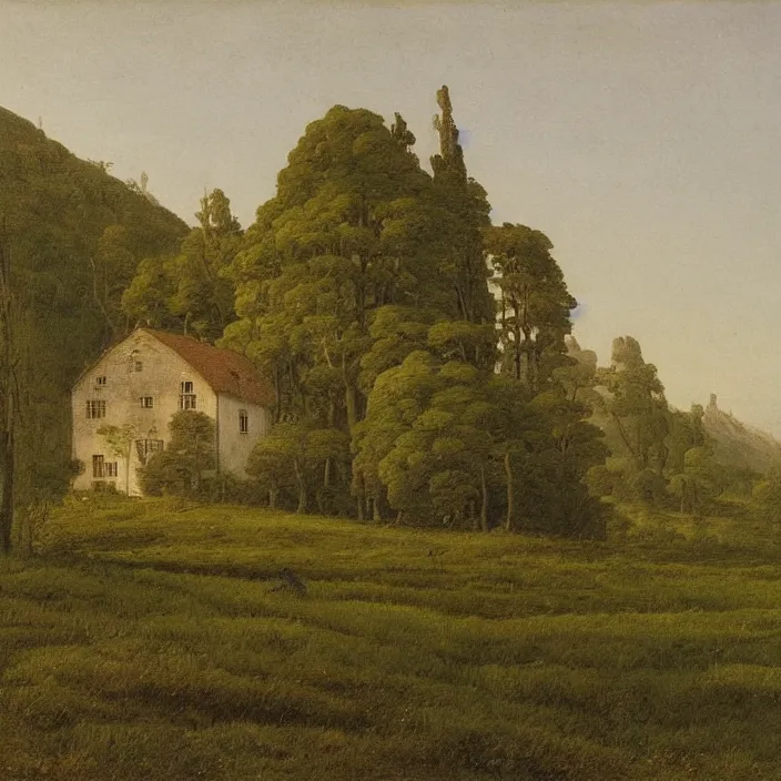 Image similar to a building in a serene landscape, by caspar david friedrich