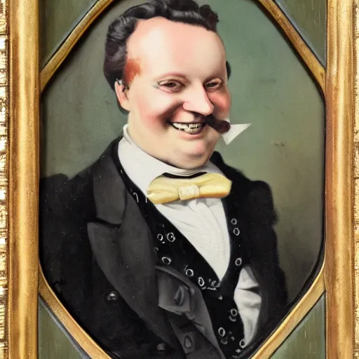 Prompt: oil portrait of a stuffy taxman with a malicious grin, wearing gaudy clothes and a golden tooth, Victorian era