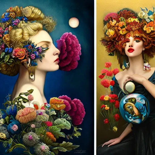 Image similar to dynamic composition, a painting of a woman with hair of flowers and raven plummage wearing ornate earrings, a surrealist painting by tom bagshaw and jacek yerga and tamara de lempicka and jesse king, featured on cgsociety, pop surrealism, surrealist, dramatic lighting, wiccan, pre - raphaelite, ornate gilded details