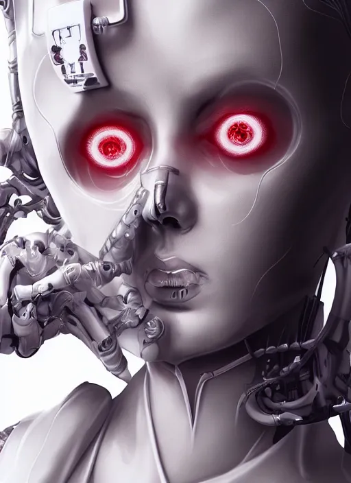 Prompt: a white cast futuristic biomechanical humanoid evil nurse with pretty face, porcelain skin, ornate headpiece, futuristic digital painting, cyberpunk, 8 k,