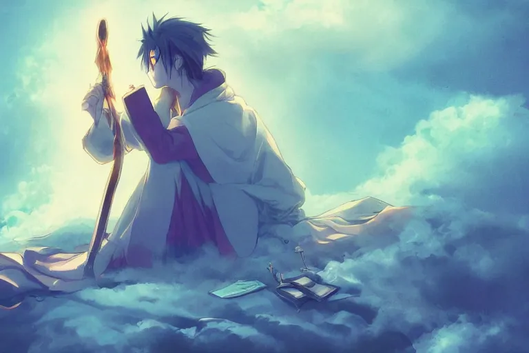 Prompt: an anime wizard with a sword reading a book on a cloud relaxing, misty, glows, digital art, hazy, foggy, ambient lighting, 8 k, neon, synthwave,