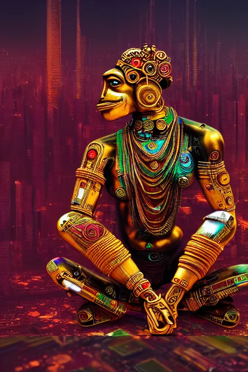 Image similar to high quality 3 d render colorful deconstructed cyborg! hanuman sitting, gold madhubani, highly detailed, cyberpunk!! mumbai in the background, vray cinematic smooth, liam wong, moody light, low angle, uhd 8 k, sharp focus