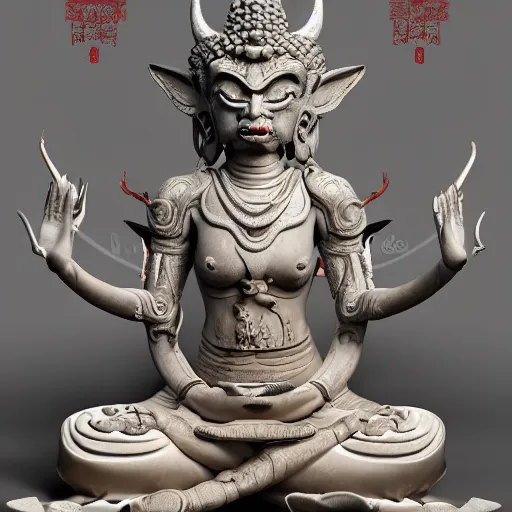 Image similar to naraka buddhist demon korean female, highly detailed, symmetrical long head, smooth marble surfaces, detailed ink illustration, raiden metal gear, cinematic smooth stone, deep aesthetic, concept art, post process, 4 k, carved marble texture and silk cloth, latex skin, highly ornate intricate details, in the style of 8 8 grzes