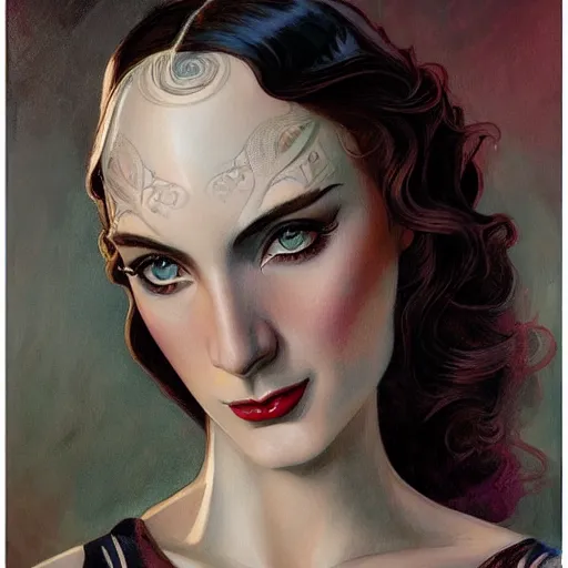 Image similar to a streamline moderne, art nouveau, multi - ethnic and multi - racial portrait in the style of charlie bowater, and in the style of donato giancola, and in the style of charles dulac. clear, expressive, very large eyes. symmetry, ultrasharp focus, dramatic lighting, photorealistic digital painting, intricate, elegant, highly detailed, centered background.