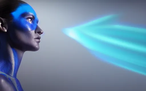 Image similar to Face of blue woman, a human superhero with ethereal glowing blue skin. Close-up side profile portrait. Movie still frame. Weta Digital. Animal Logic. Industrial Light & Magic.