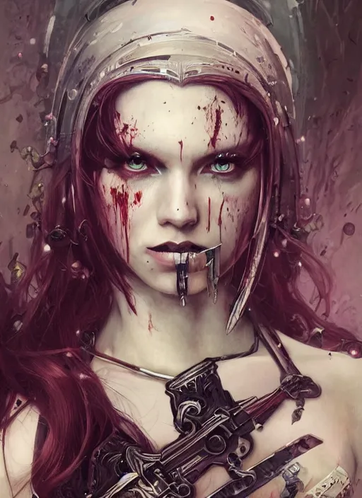 Prompt: portrait of beautiful pale gothic muscular cyber warrior girl with sword, covered in blood, warhammer 40000, cyberpunk, intricate, elegant, highly detailed, digital painting, artstation, concept art, smooth, sharp focus, illustration, art by artgerm and greg rutkowski and alphonse mucha and Gustav Klimt and Ilya Kuvshinov