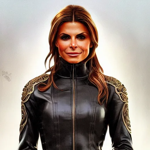 Image similar to portrait of maria menounos wearing a skintight leather jacket!!, intricate, elegant, highly detailed, digital painting, artstation, concept art, smooth, sharp focus, illustration, art by artgerm and greg rutkowski and alphonse mucha, 8 k