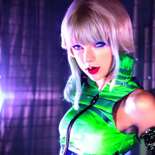 Image similar to cinematic scene with taylor swift as jolyne from jojo's bizarre adventure, live action film, stone ocean, dramatic, small details, volumetric lighting, still frame