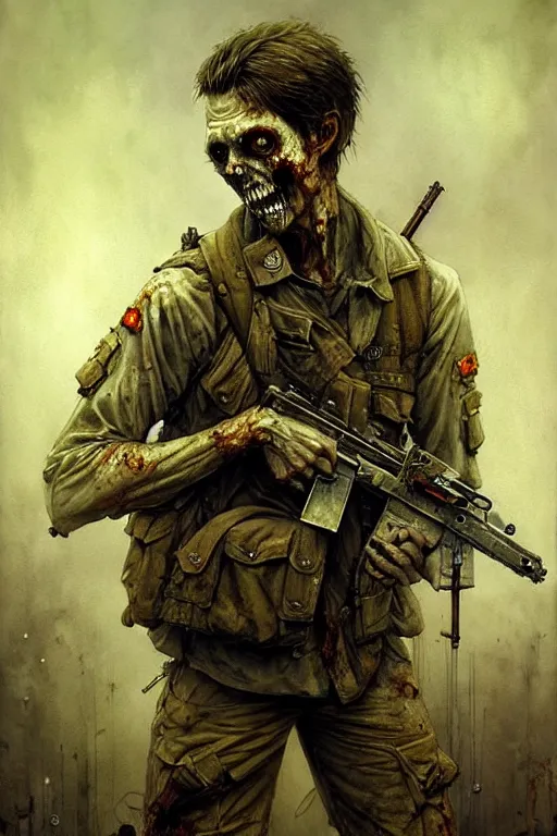 Image similar to zombie soldier | esoteric symbolism | jean - baptiste monge, esao andrews, bastien lecouffe - deharme, tim jacobus, ken currie | ultra - detailed realism, soft cinematic lighting, hi - fructose, artstation, high - quality, ink watercolors wes anderson poster art