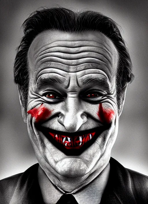 Prompt: photo of evil Robin Williams as the Joker by Lee Jeffries, head shot, detailed, award winning, Sony a7R, trending on artstation