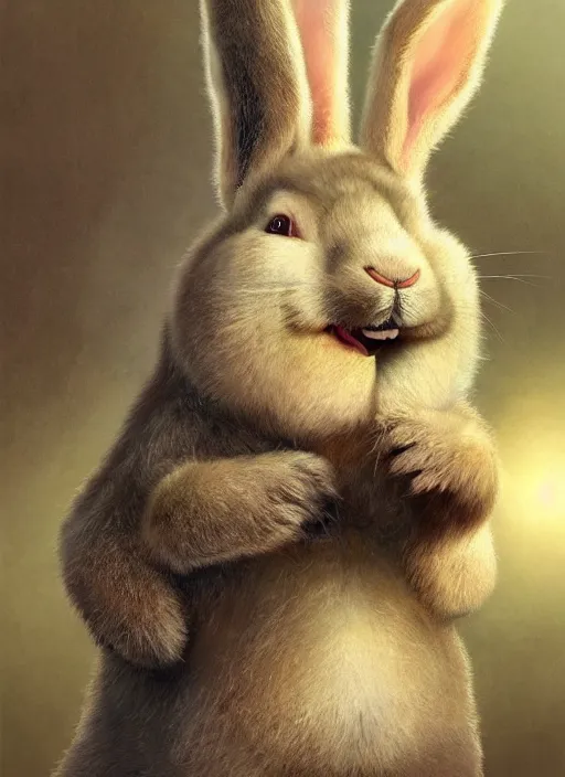 Image similar to hyper realistic, portrait of a derpy big chungus, with bunny rabbit ears, very fuzzy, furry, smoking weed, big smile, buck teeth, bright balanced lighting, by greg rutkowski, scott m fischer, artgerm, loish, slight glow, atmospheric, anne stokes, alexandros pyromallis, 4 k, 8 k