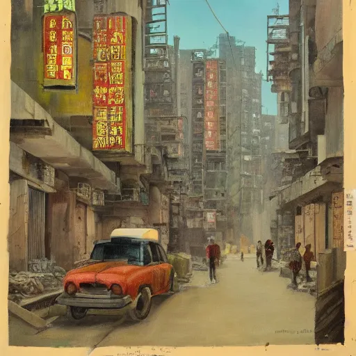 Prompt: Hopper painting of Kowloon Walled City at dusk, looking down canyon-like alley with 5 floors of ramshackle apartments and business on all sides, to the right some light is coming from a ground-floor cafe, where people are drinking tea and talking