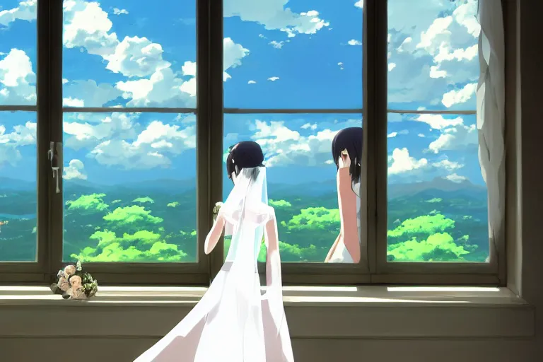 Prompt: a beautiful detailed picture of window, a bride and a groom, sky, by makoto shinkai