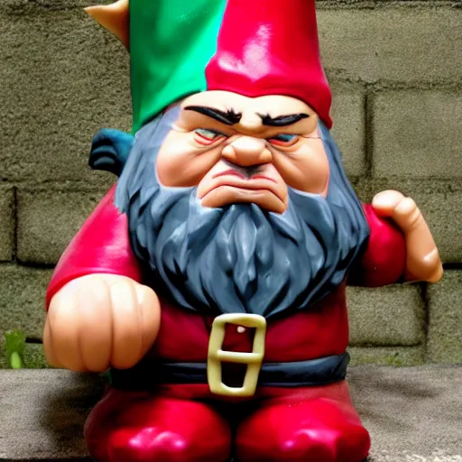 Prompt: mean looking gnome. Cruel grin. Threatening. Photo 8K Detailed face.