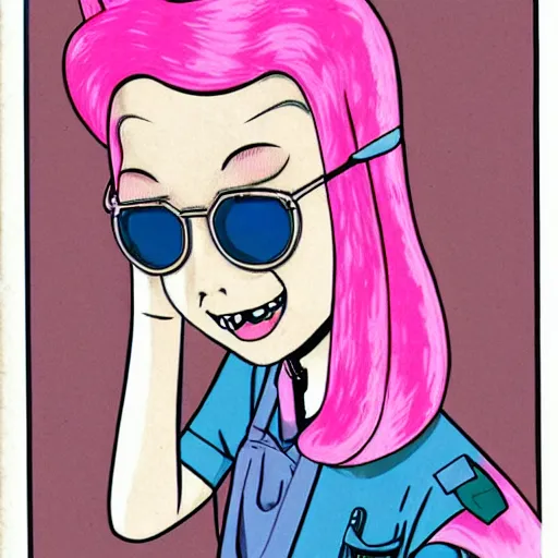 Image similar to realistic retro colored illustration of princess bubblegum by junji ito, with pink hair made of bubblegum, confident scientist performing experiments in her lab, dark retro pulp sci - fi