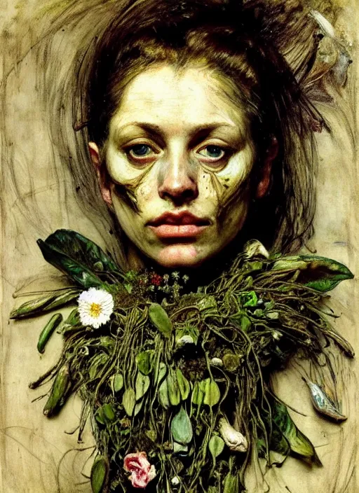 Image similar to beautiful and detailed rotten woman made of plants and many different types of flowers, muscles, intricate, organs, ornate, surreal, john constable, guy denning, gustave courbet, caravaggio, romero ressendi sorolla