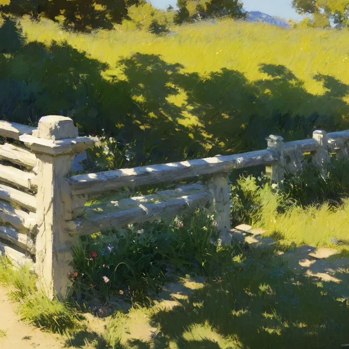 Prompt: painting of a stone railing, countryside, calm, sunny day, artwork by jeremy lipkin and giuseppe dangelico pino and michael garmash and rob rey and greg manchess and huang guangjian and makoto shinkai, sharp edges, simple form, 1 0 0 mm