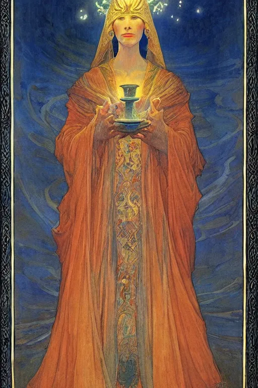 Prompt: queen of the old city with her lantern, by Annie Swynnerton and Nicholas Roerich and jean delville, dramatic cinematic lighting , ornate headdress , flowing robes, lost civilizations, extremely detailed