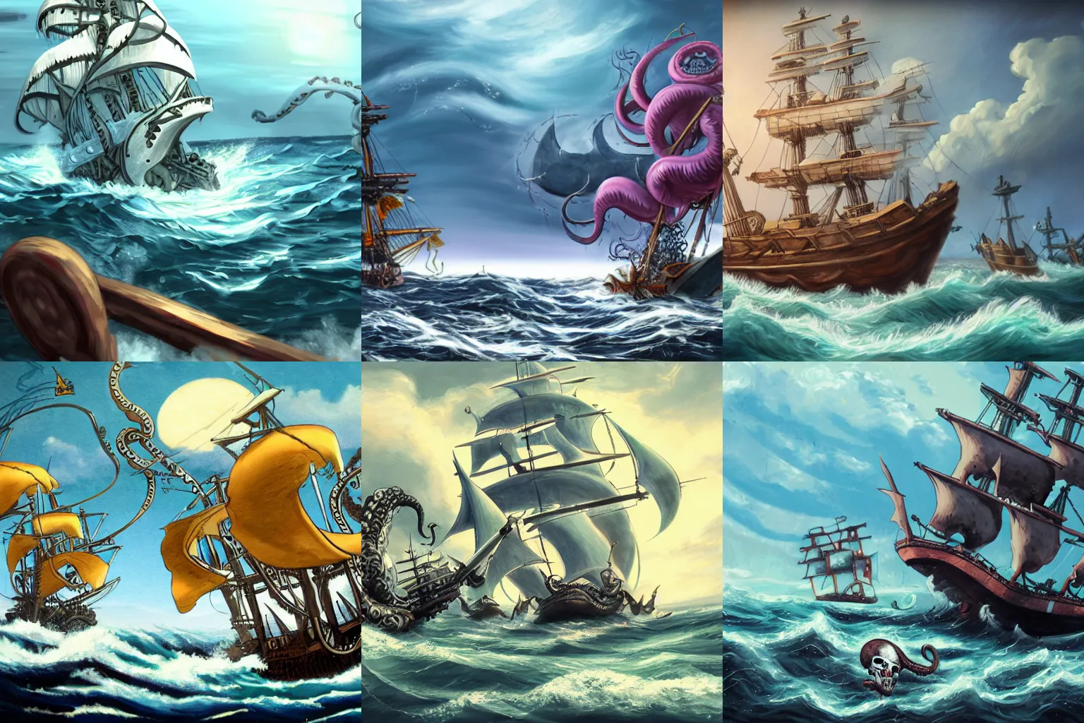 Prompt: Kraken attacking a pirate ship, pixiv