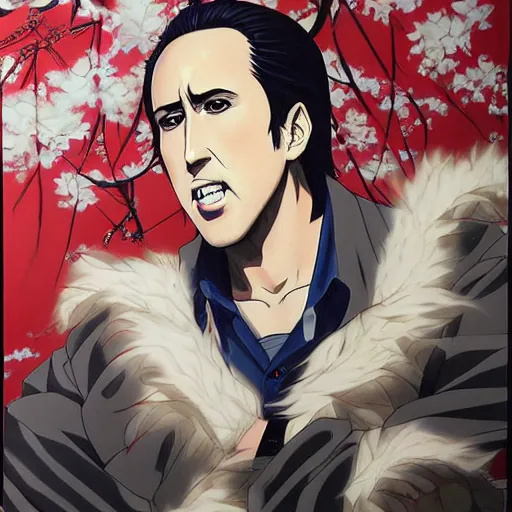 Image similar to beautiful amazing anime portrait painting of nicholas cage in tokyo. by koyoharu gotouge, kohei horikoshi, tatsuya endo, satoshi kon