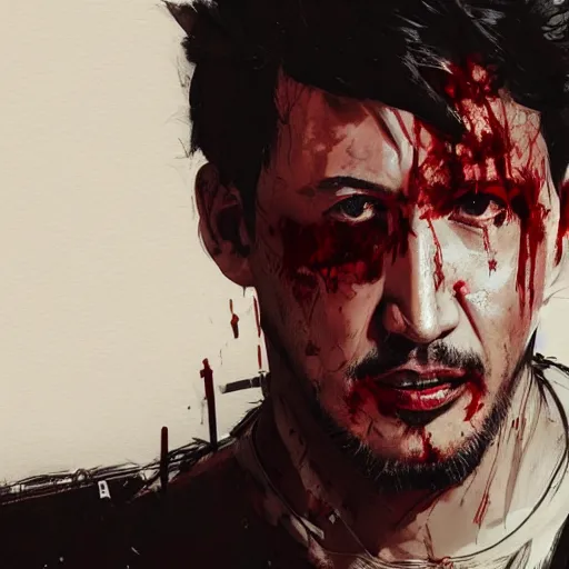 Image similar to portrait of markiplier with an angry expression, blood covering his face, wearing a leather jacket, dramatic lighting, illustration by Greg rutkowski, yoji shinkawa, 4k, digital art, concept art, trending on artstation