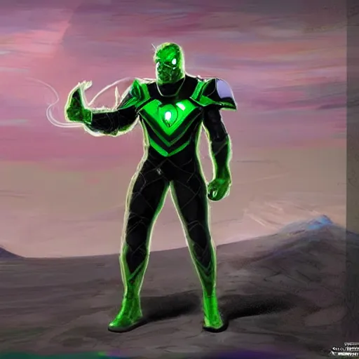 Image similar to realistic mcu full body concept art for a sci fi superhero in green and black armor with a long golden cape with green energy coming from his hands