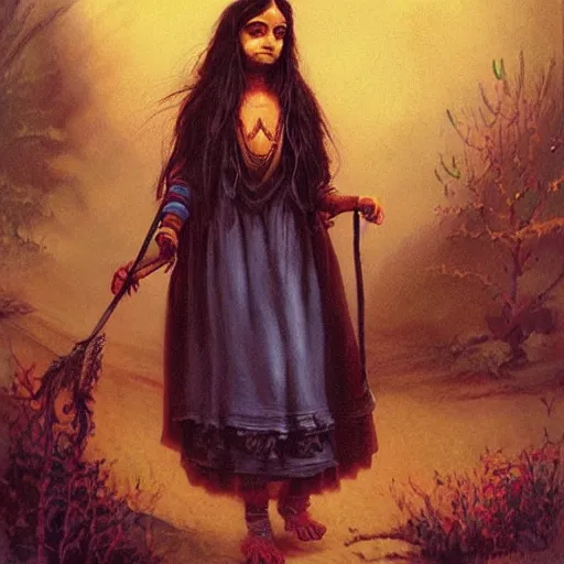 Prompt: a beautiful young indian cottagecore witch, highly detailed, masterpiece, illustrated, art by brom