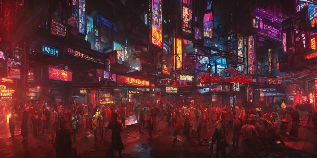 Image similar to Photorealistic cyberpunk theatre in crowded Charlottetown night. Hyperdetailed photorealism, UHD, amazing depth, glowing rich colors, golden ration, 3D octane cycle unreal engine 5, 3d shading, cinematic lighting, artstation concept art