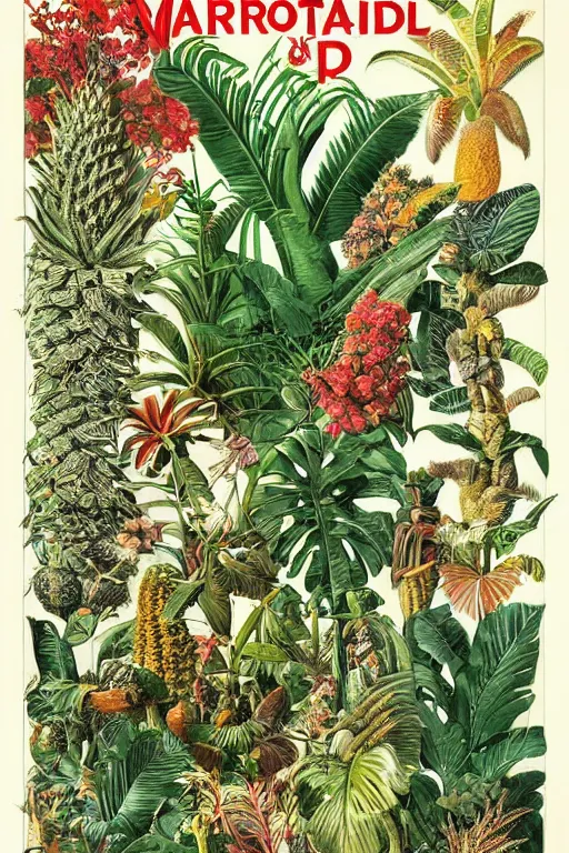 Image similar to vintage magazine advertisement depicting all of the tropical plants in the world, by marius lewandowski, by ernst haeckel