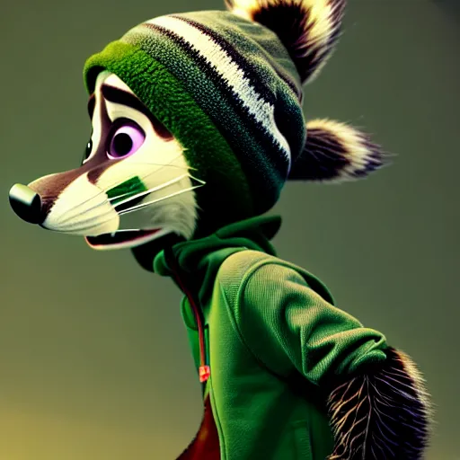Image similar to a very relaxed stoner with a black hoodie on with a marijuana themed dark green raccoon head from zootopia, wearing beanie, smoking, 3 d, blender 3 d, render, extremely detailed, 8 k, detailed fur
