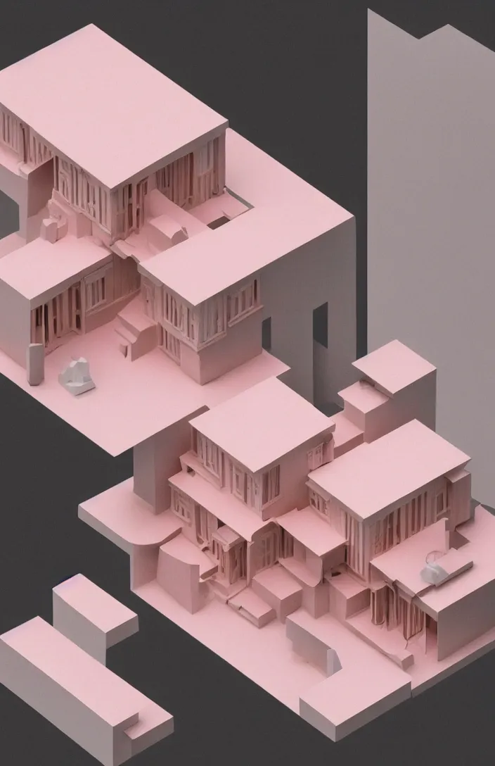 Image similar to isometric view, architectural model, studio lighting, low contrast, wood and paper, house for one pink rabbit, adolf loos, high tech, post - modernism