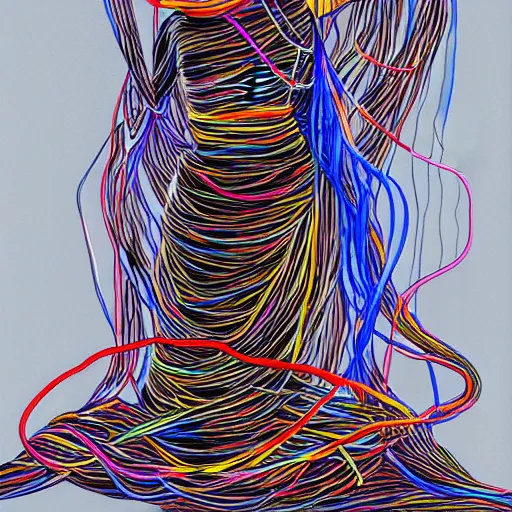 Prompt: woman in a long, flowing dress made of multi-colored wires and cables on a dark, misty night