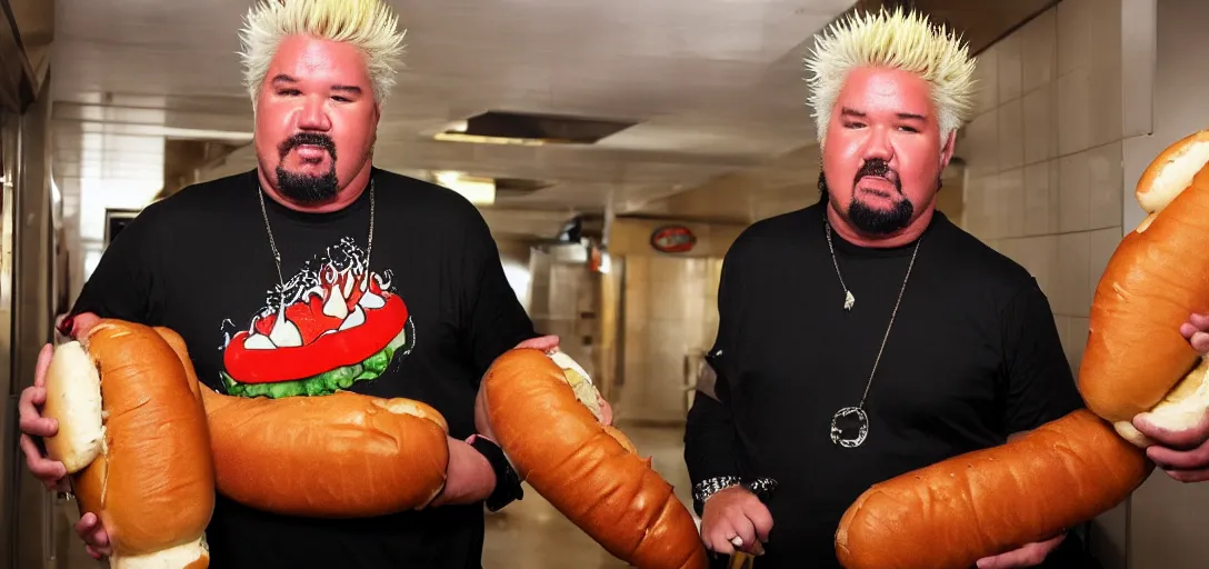 Image similar to guy fieri in a dim hallway, cradling the biggest hot dog in the world. the hot dog is extremely heavy.