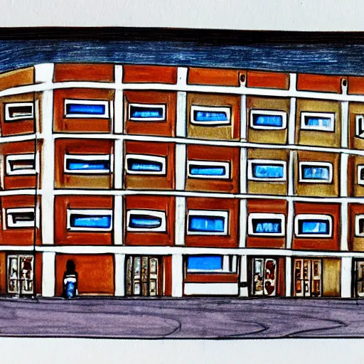 Image similar to drawing of rounded bauhaus buildings in a junction in tel aviv. highly detailed. pen drawing painted with watercolors. colorful