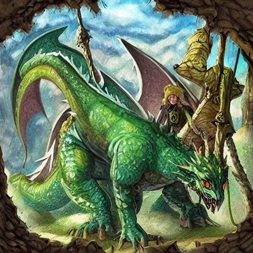 Prompt: fairy tale, painting, large green dragon, dnd, inside a castle, realistic, dungeons and dragons