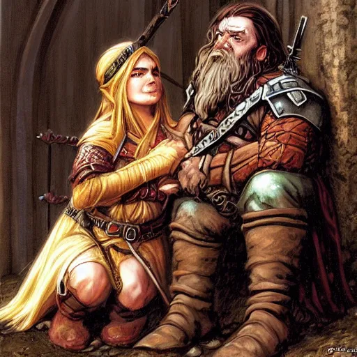 Image similar to a dwarf paladin comforting an elven female ranger. Grimdark fantasy art by Gerald Brom