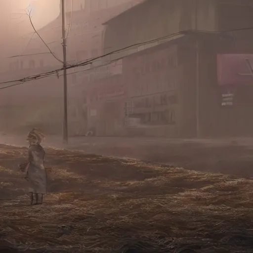 Prompt: incredible wide screenshot, ultrawide, simple watercolor, rough paper texture, ghost in the shell movie scene, backlit distant shot of girl, bold graphic graffiti, bright sun bleached ground, mud, fog, dust, windy, pale beige sky, junk tv, texture, dust, tangled overhead wires, telephone pole, dusty, dry, pencil marks, genius party, A master piece of storytelling, shinjuku, koji morimoto, katsuya terada, masamune shirow, tatsuyuki tanaka hd, 4k, remaster, dynamic camera angle, deep 3 point perspective, fish eye, dynamic scene