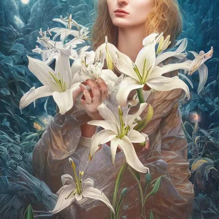 Prompt: portrait of floral white lily sophie turner, by dan mumford, moebius, yukito kishiro, barclay shaw, karol bak, jean baptiste monge, high quality, high resolution, smooth 8 k octane rendered with volumetric cinematic dramatic light rutkowsky