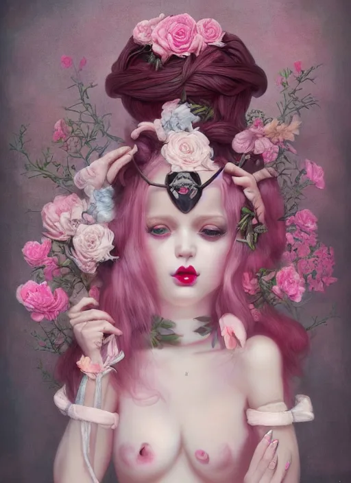 Image similar to pop surrealism, lowbrow art, realistic seductive cute woman painting, pink body harness, long hair, japanese shibari with flowers, hyper realism, muted colours, rococo, natalie shau, loreta lux, tom bagshaw, mark ryden, trevor brown style,
