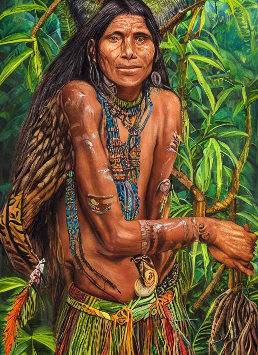 Image similar to a beautiful painting of an amazonian shaman healer sitting in the jungle, doing a prayer, ayahuasca, high detail painting, fantasy art, highly detailed, realistic face,full body, starry sky, canopee