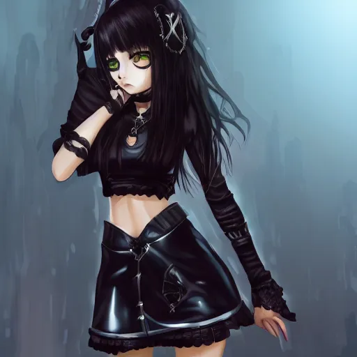 Image similar to goth anime girl in mini skirt and crop top intricate, extremely detailed, digital painting, artstation, concept art, smooth, sharp focus, illustration, intimidating lighting, incredible art, hightly detailed face and body