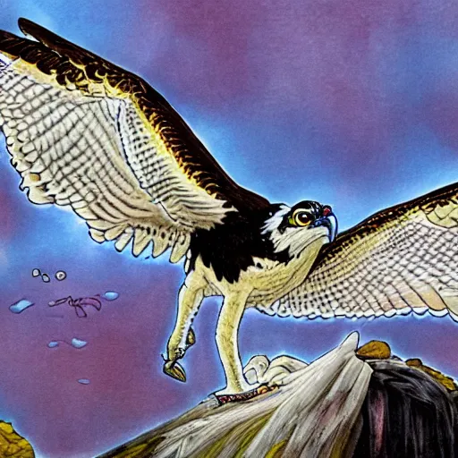 Image similar to extremely detailed cartoon osprey looking directly into camera psychedelic