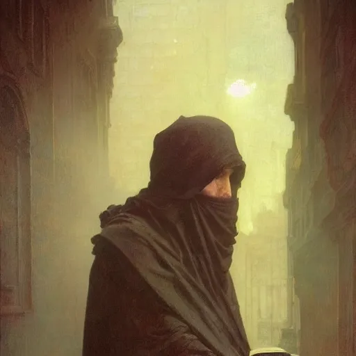 Image similar to half portait of magican wearing a closed cowl holding a big old book!, jeremy mann, jean leon gerome, alphonse mucha, greg rutkowski, hood covers his eyes, ( ( ruins of ancient rome ) ), at dusk, mysterious atmosphere, sunrays, dof, masterpiece, high detailed, 8 k