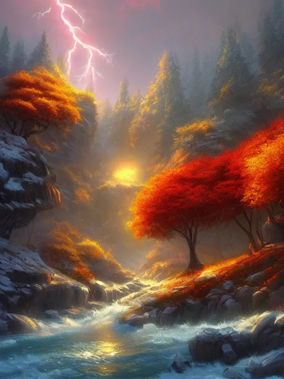 Prompt: a wonderful land with four season in one day, autumn, spring, winter, summer, landscape, artstation, high detailed, cinematic lightning by tyler edlin
