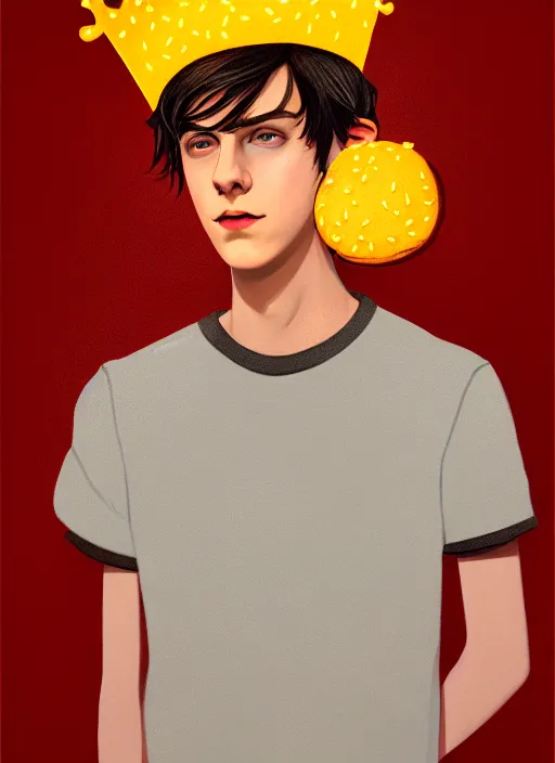 Image similar to portrait of teenage jughead jones wearing a light grey crown, crown, hamburger background, eyes closed, crown, black hair, orange, intricate, elegant, glowing lights, warm lighting, highly detailed, digital painting, artstation, concept art, smooth, sharp focus, illustration, art by wlop, mars ravelo and greg rutkowski