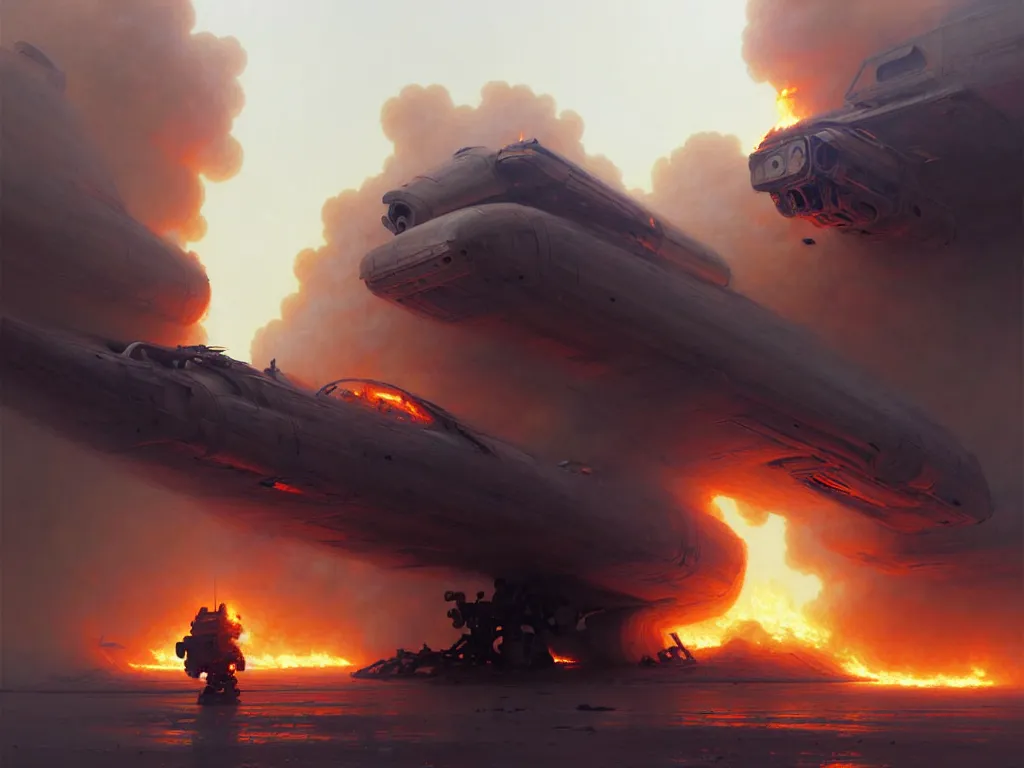 Image similar to large robot crash site, fires, smoke, dust, concept art, intricate, digital painting, smooth, sharp focus, illustration, from Metal Gear, by Ruan Jia and Mandy Jurgens and William-Adolphe Bouguereau, Artgerm,
