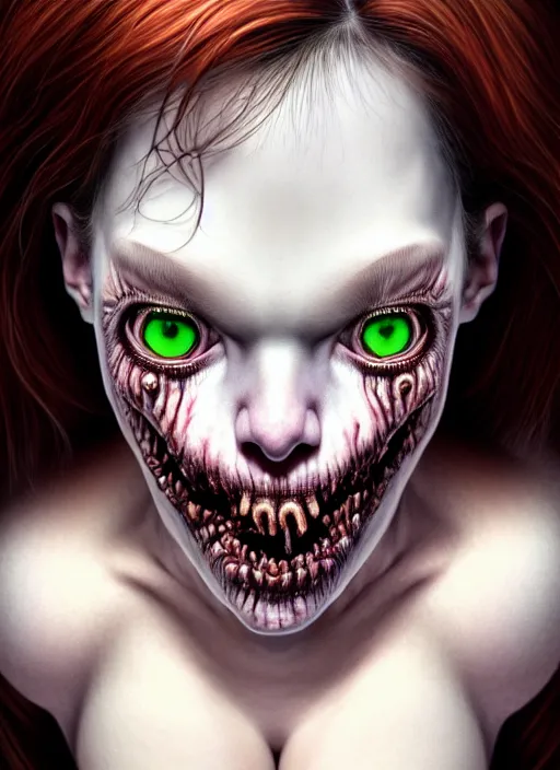 Prompt: an ugly monsterish horrifying slimy scottish female photo, professionally, soft lighting, realistic, sharp focus on eyes, 8 k, high definition, insanely detailed, intricate, elegant, art by artgerm and junji ito.