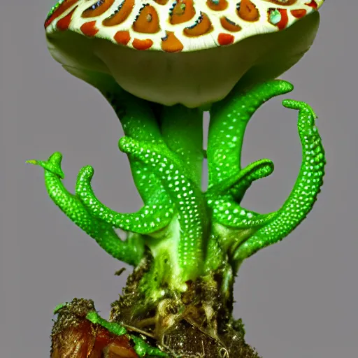 Prompt: an alien amanita muscaria mushroom with tentacles, unusual, high detail