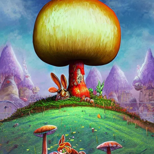 Image similar to 4 k headshot portrait of a psychedelic demonic anthropomorphic bunny rabbit with mushroom themed clothes, magic mushroom village in background by jeff easley, award winning, stylized neon, post - processing, masterpiece, superb resolution. in the art style of junji ito and greg rutkowski. detailed mushroom city in background. hyper realistic anime. perfect art. dalle 2